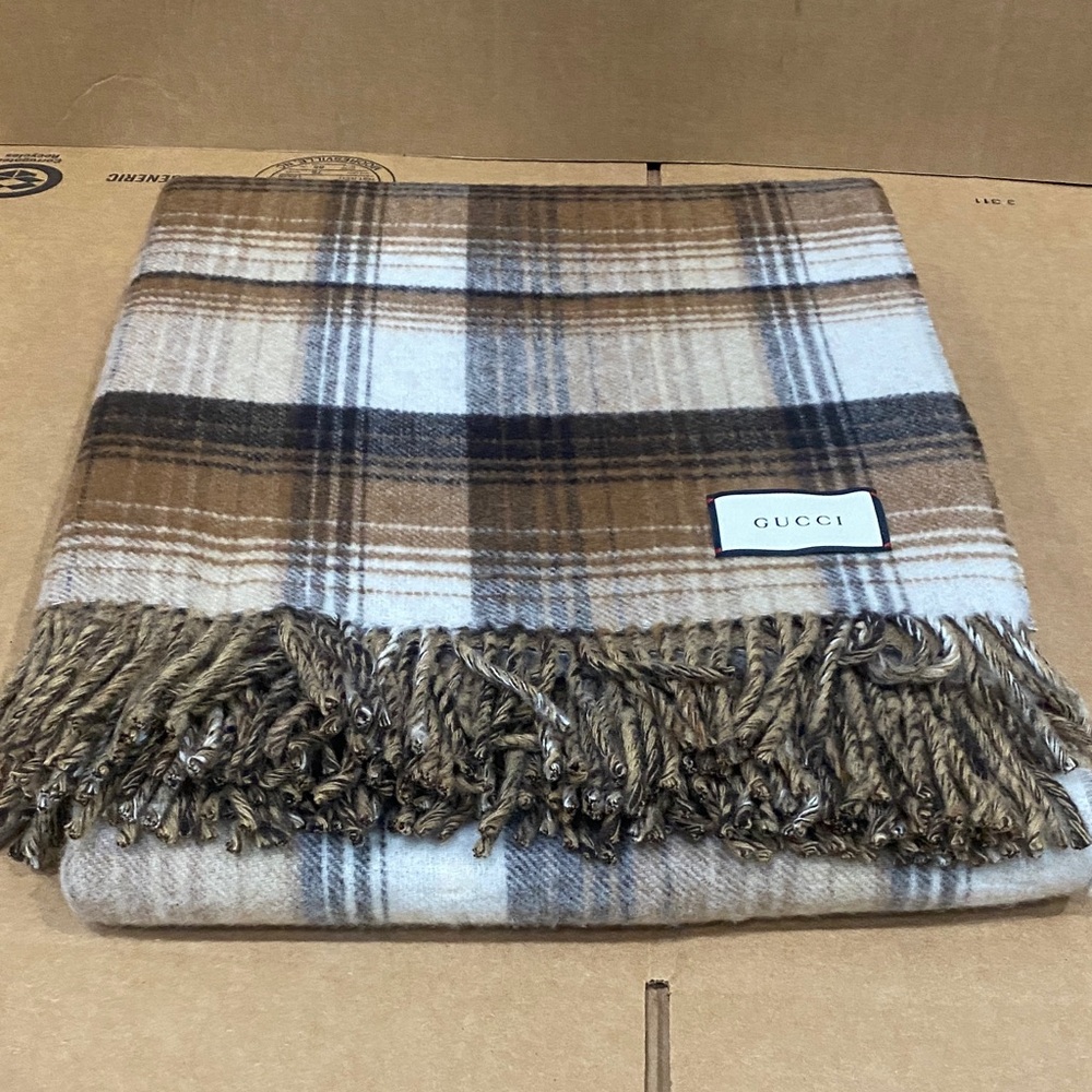 Gucci Beige and Brown Plaid Throw Blanket 176x145cm